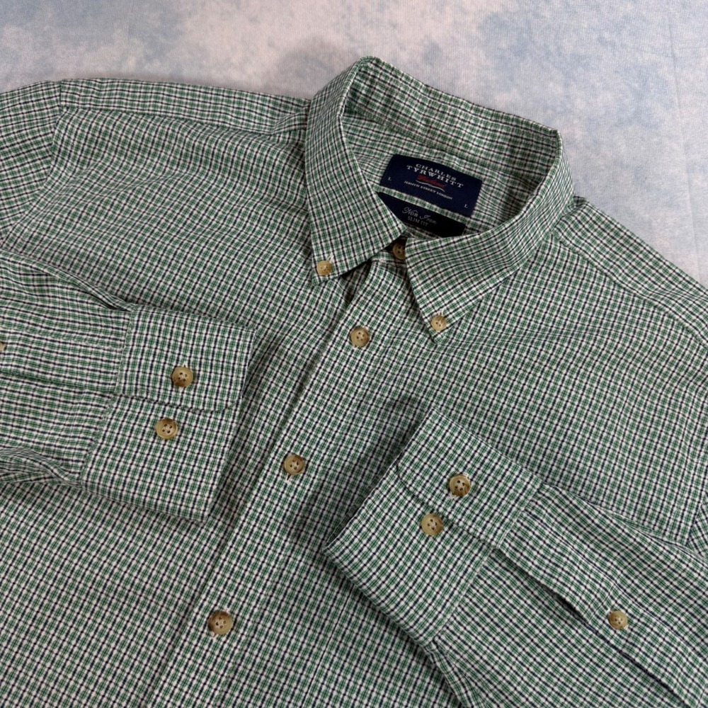 Charles Tyrwhitt Button Down Shirt Mens L Green Slim Fit Non-Iron Check